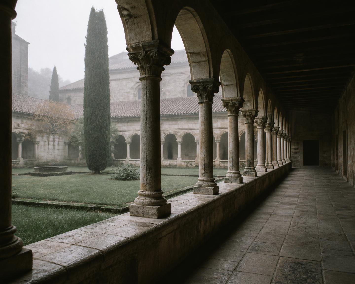 A stone cloister walkway of repeating arches beside a quiet courtyard in early morning mist.