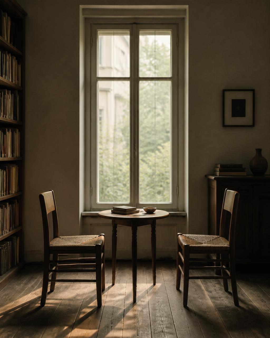 Two wooden chairs facing each other across a small table beside a tall window in a quiet study.