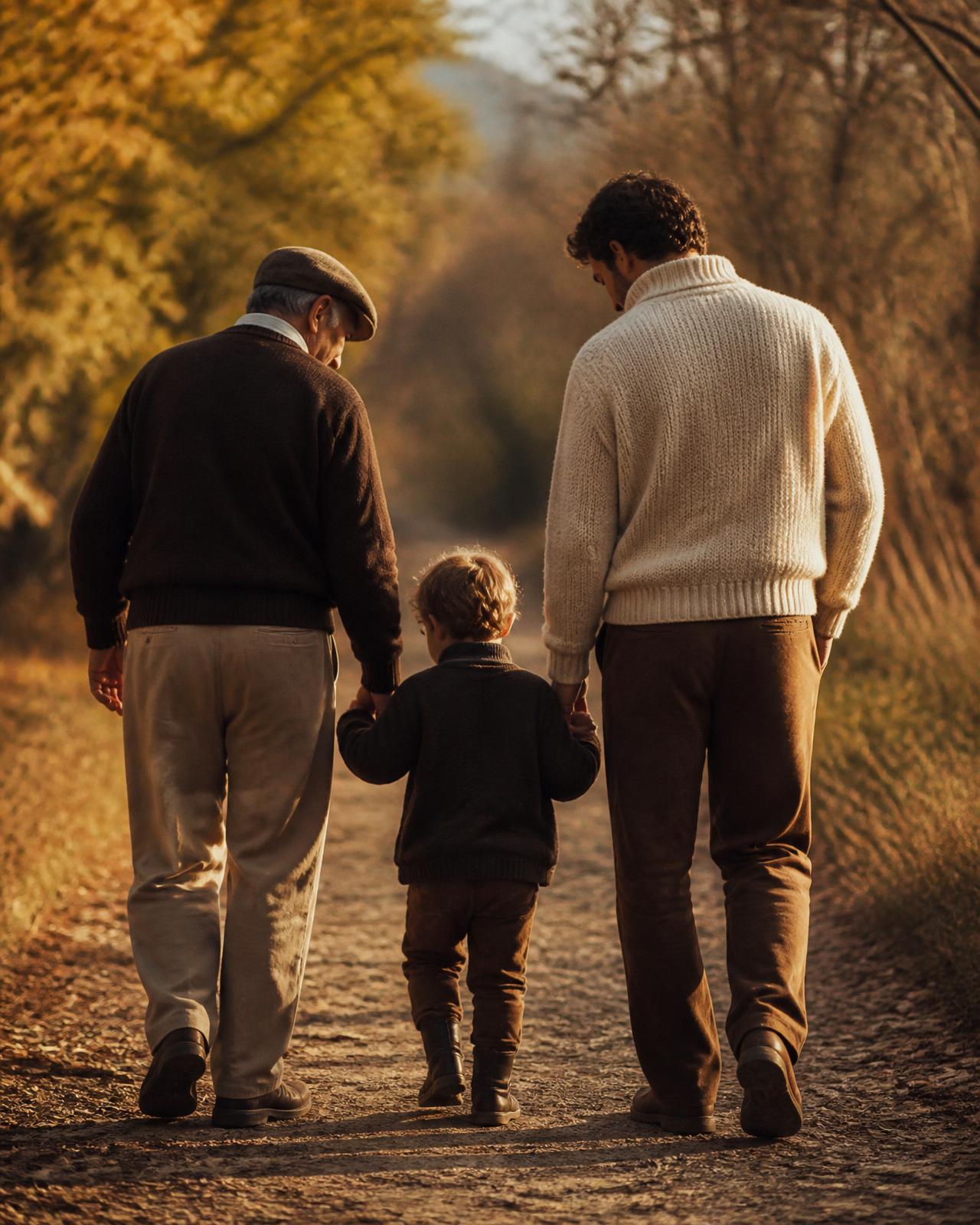 Three generations of a family walking together along a tree-lined path in late afternoon light.
